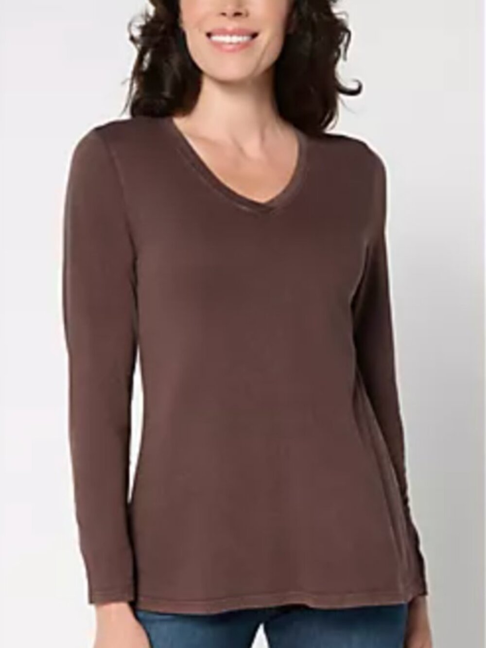 LOGO Principles V-Neck Top Coffee Brown Mineral Wash Long Sleeve Knit Size M